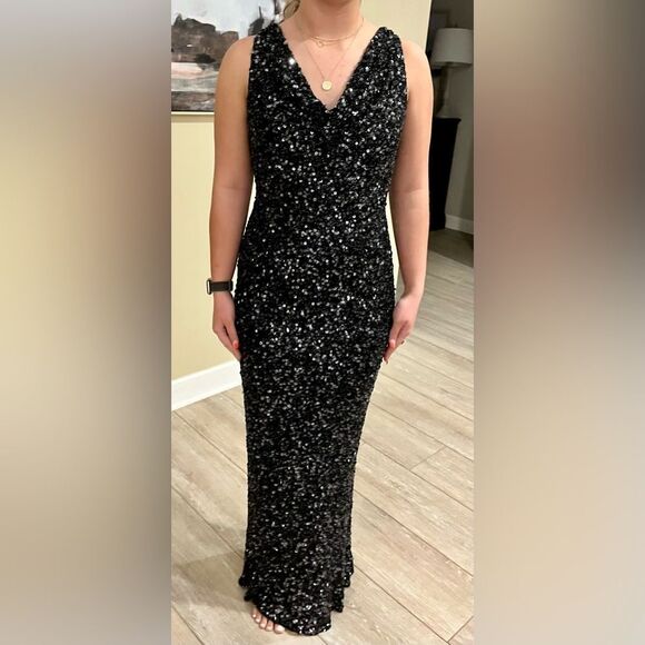 Scala Silk Black Sequin Beaded Gown Prom Formal Size Small (Can Fit Medium) - Picture 3 of 10